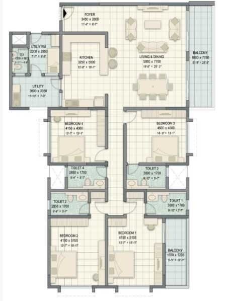 Floor plan of 3 BHK 1519 Sq. Ft. Apartment in Sobha Forest View, Bangalore