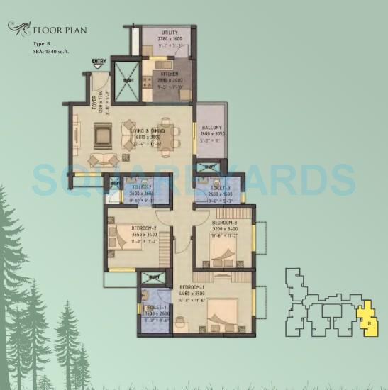 Floor plan of 3 BHK 1540 Sq. Ft. Apartment in Sobha Forest View, Bangalore