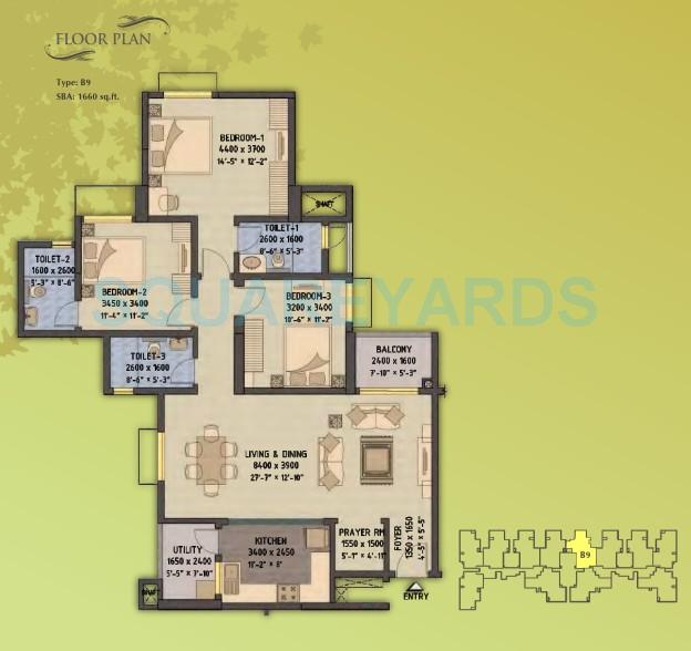 Floor plan of 3 BHK 1660 Sq. Ft. Apartment in Sobha Forest View, Bangalore