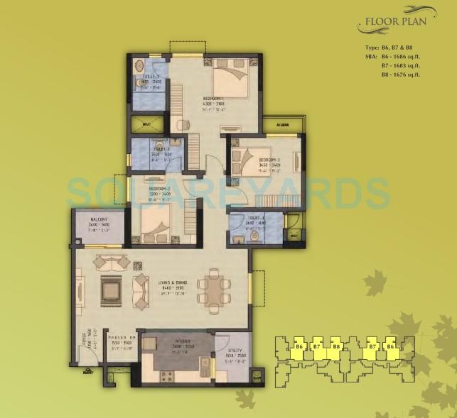 Floor plan of 3 BHK 1686 Sq. Ft. Apartment in Sobha Forest View, Bangalore