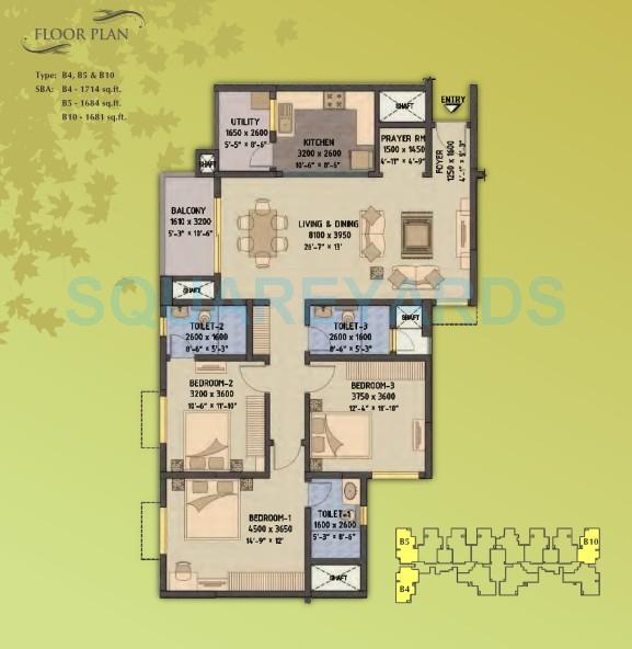 Floor plan of 3 BHK 1714 Sq. Ft. Apartment in Sobha Forest View, Bangalore