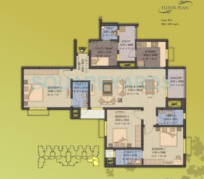 Floor plan of 3 BHK 1893 Sq. Ft. Apartment in Sobha Forest View, Bangalore