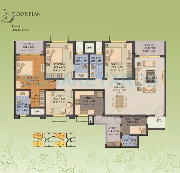 Floor plan of 3 BHK 2239 Sq. Ft. Apartment in Sobha Forest View, Bangalore
