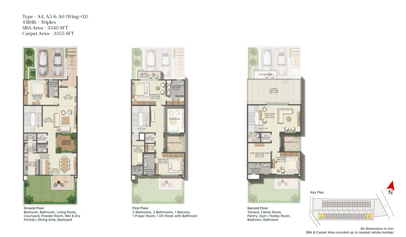 Floor plan of 4 BHK 4340 Sq. Ft. Row House in Sobha Galera, Bangalore