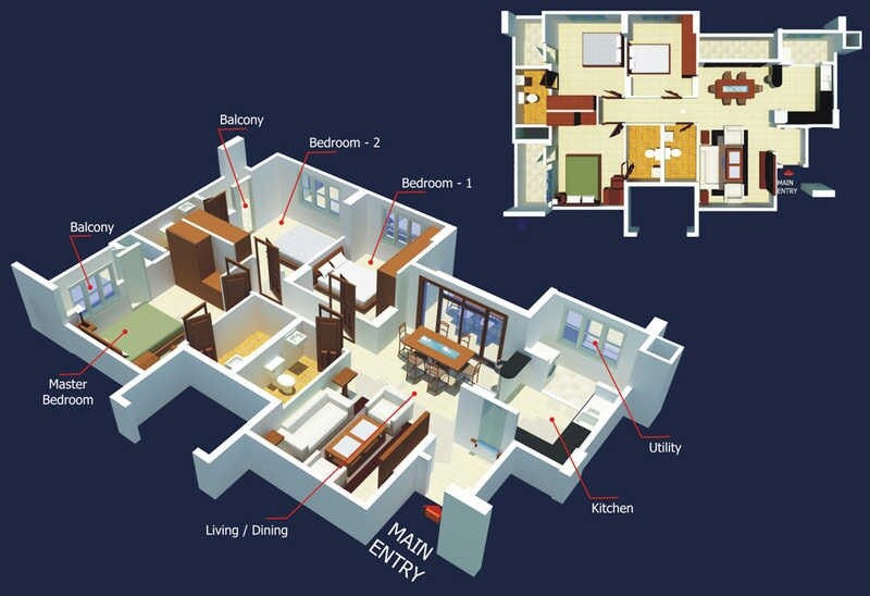 Floor plan of 3 BHK 1800 Sq. Ft. Apartment in Sobha Garrison, Bangalore