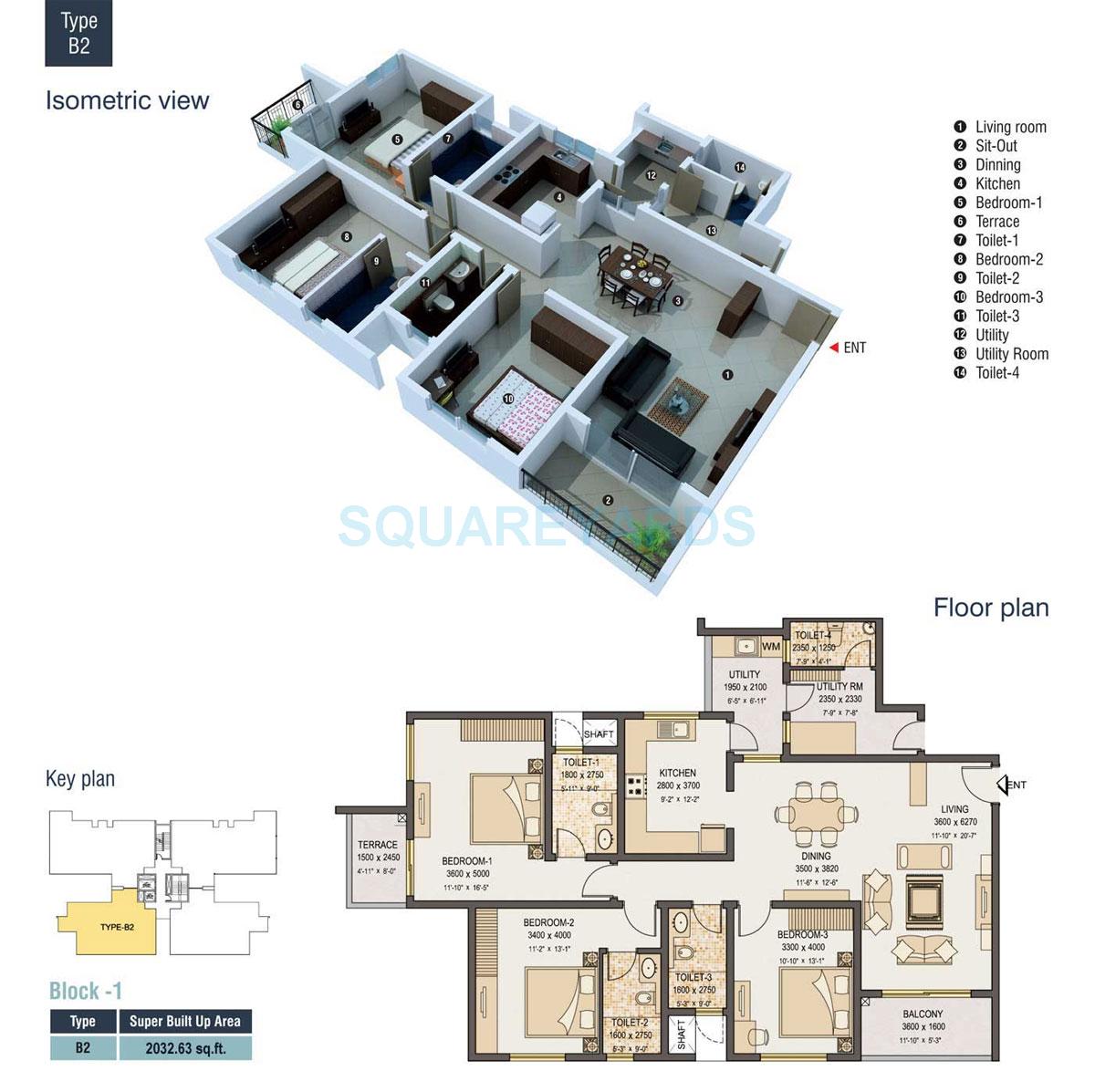 Floor plan of 2 BHK 2032 Sq. Ft. Apartment in Sobha Garrison, Bangalore