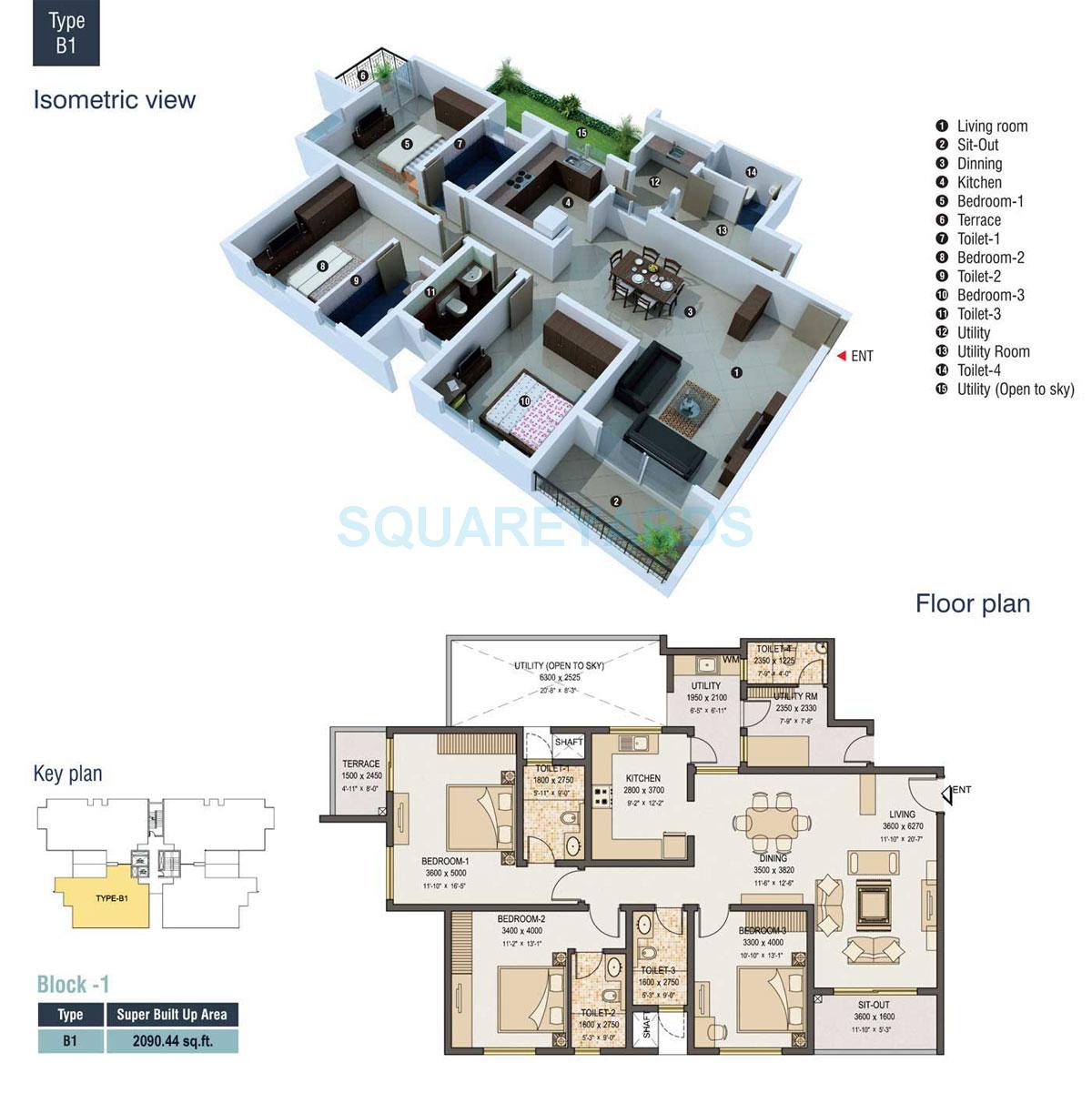 Floor plan of 3 BHK 2090 Sq. Ft. Apartment in Sobha Garrison, Bangalore