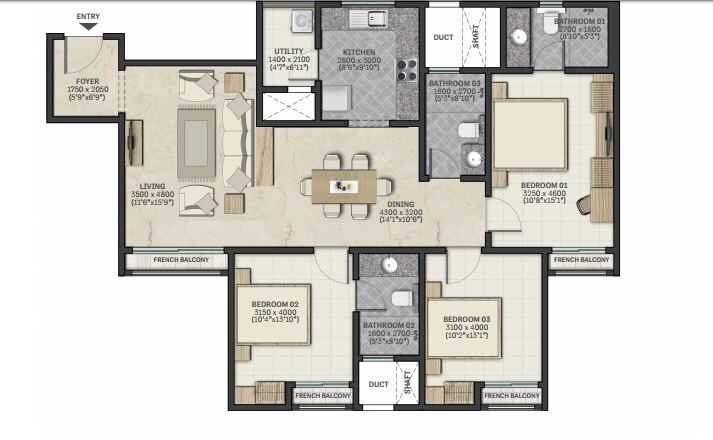 Floor plan of 3 BHK 1612 Sq. Ft. Apartment in Sobha Heritage, Bangalore
