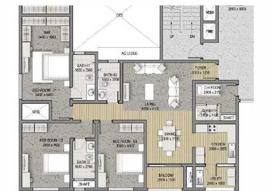 Floor plan of 3 BHK 1950 Sq. Ft. Apartment in Sobha HRC Pristine, Bangalore