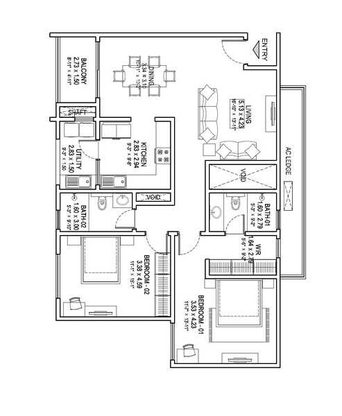 Floor plan of 2 BHK 1459 Sq. Ft. Apartment in Sobha HRC Pristine Bangalore, Bangalore