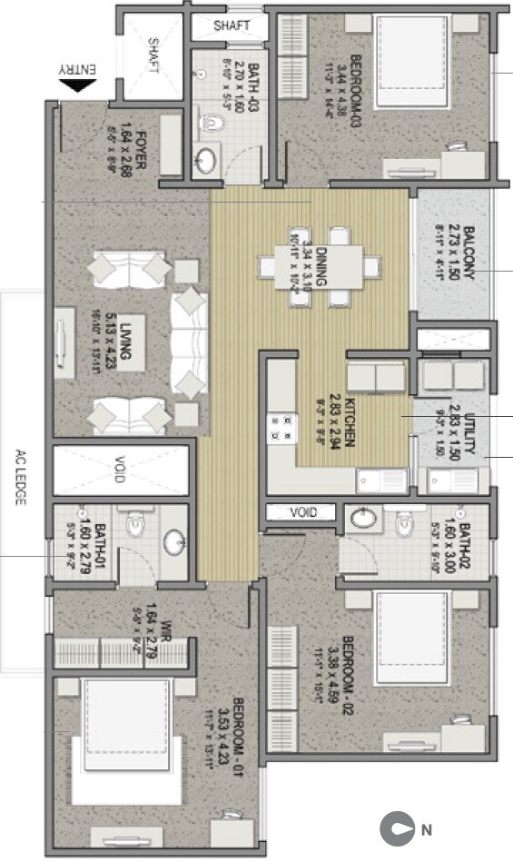 Floor plan of 3 BHK 1819 Sq. Ft. Apartment in Sobha HRC Pristine Bangalore, Bangalore
