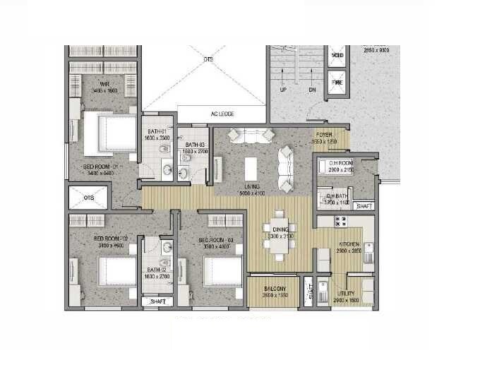 Floor plan of 3 BHK 1932 Sq. Ft. Apartment in Sobha HRC Pristine Bangalore, Bangalore