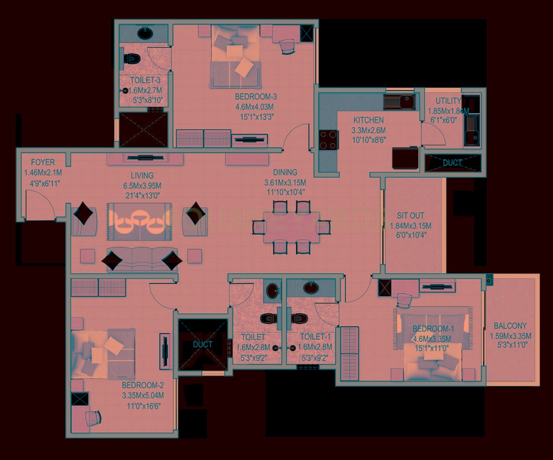 Floor plan of 3 BHK 1950 Sq. Ft. Apartment in Sobha Indraprastha, Bangalore