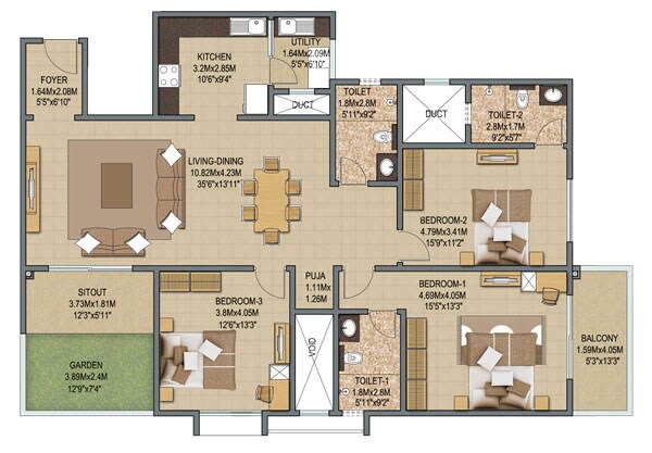 Floor plan of 3 BHK 2280 Sq. Ft. Apartment in Sobha Indraprastha, Bangalore