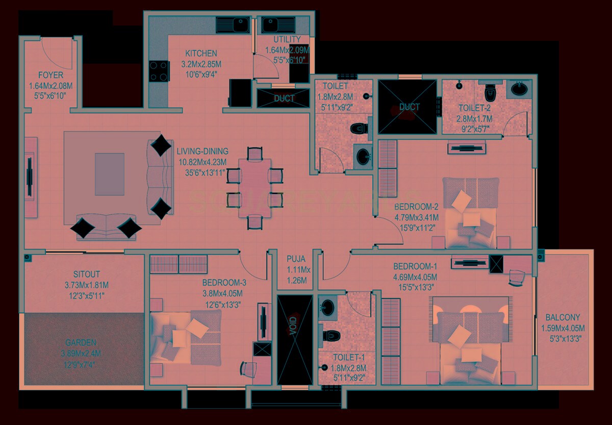 Floor plan of 3 BHK 2313 Sq. Ft. Apartment in Sobha Indraprastha, Bangalore