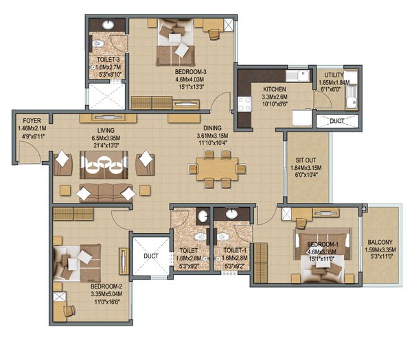 Floor plan of 3 BHK 2053 Sq. Ft. Apartment in Sobha Indraprastha, Bangalore