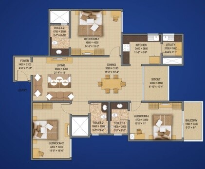 Floor plan of 3 BHK 2970 Sq. Ft. Apartment in Sobha Indraprastha, Bangalore