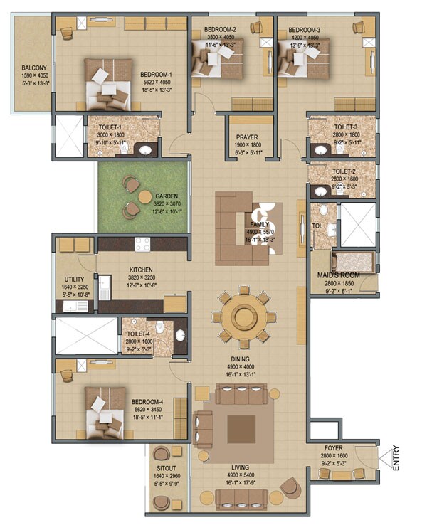 Floor plan of 4 BHK 3179 Sq. Ft. Apartment in Sobha Indraprastha, Bangalore