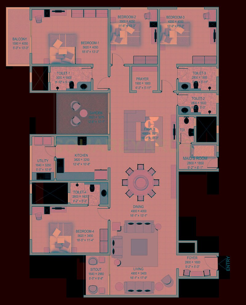 Floor plan of 4 BHK 3381 Sq. Ft. Apartment in Sobha Indraprastha, Bangalore