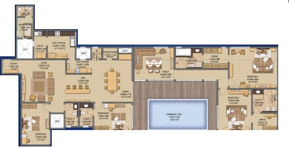 Floor plan of 4 BHK 3715 Sq. Ft. Apartment in Sobha Indraprastha, Bangalore