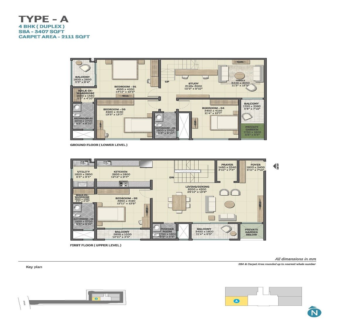 Floor plan of 4 BHK 3407 Sq. Ft. Apartment in Sobha Insignia, Bangalore