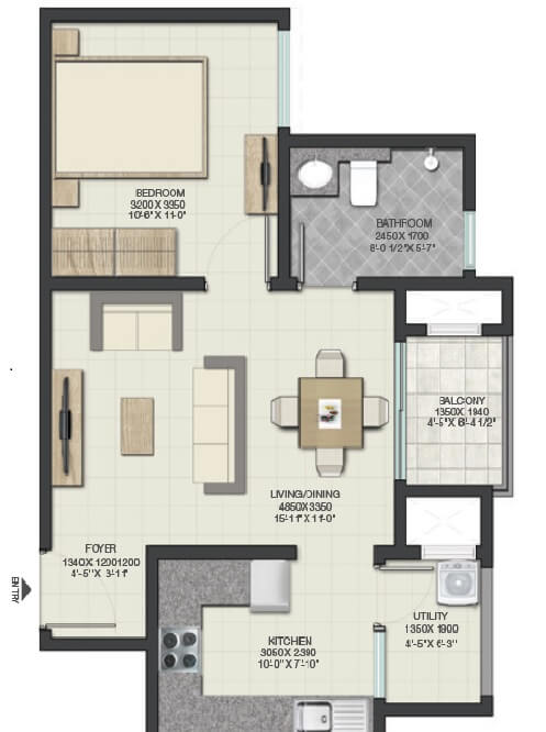 Floor plan of 1 BHK 914 Sq. Ft. Apartment in Sobha Lake Garden, Bangalore