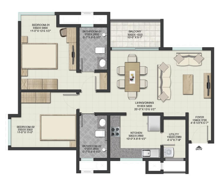 Floor plan of 2 BHK 1314 Sq. Ft. Apartment in Sobha Lake Garden, Bangalore