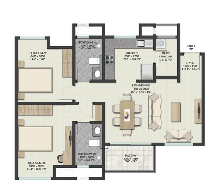 Floor plan of 2 BHK 1552 Sq. Ft. Apartment in Sobha Lake Garden, Bangalore