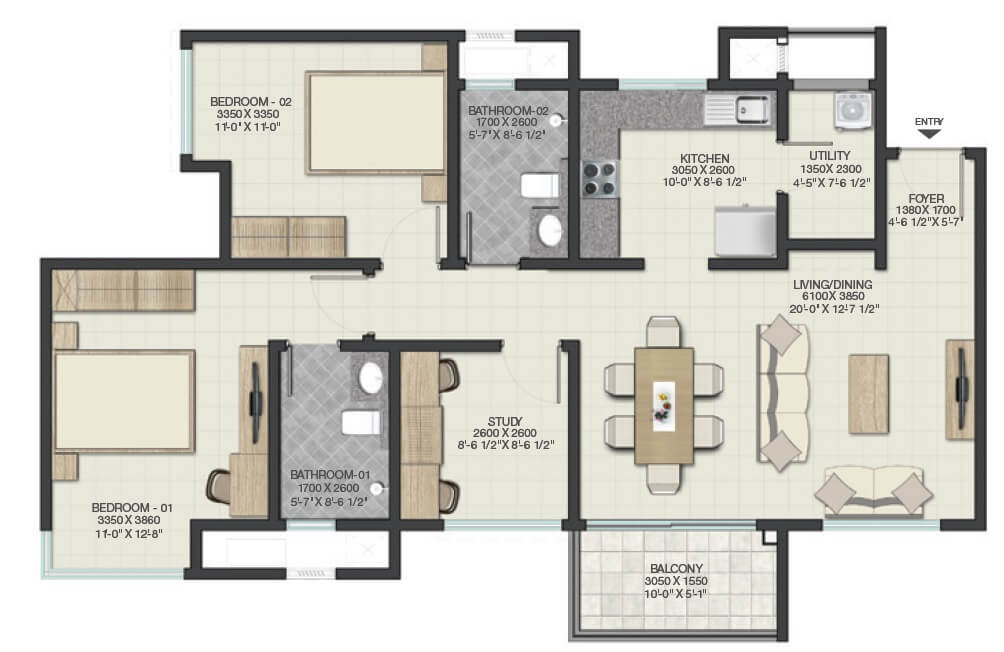 Floor plan of 2 BHK 1473 Sq. Ft. Apartment in Sobha Lake Garden, Bangalore