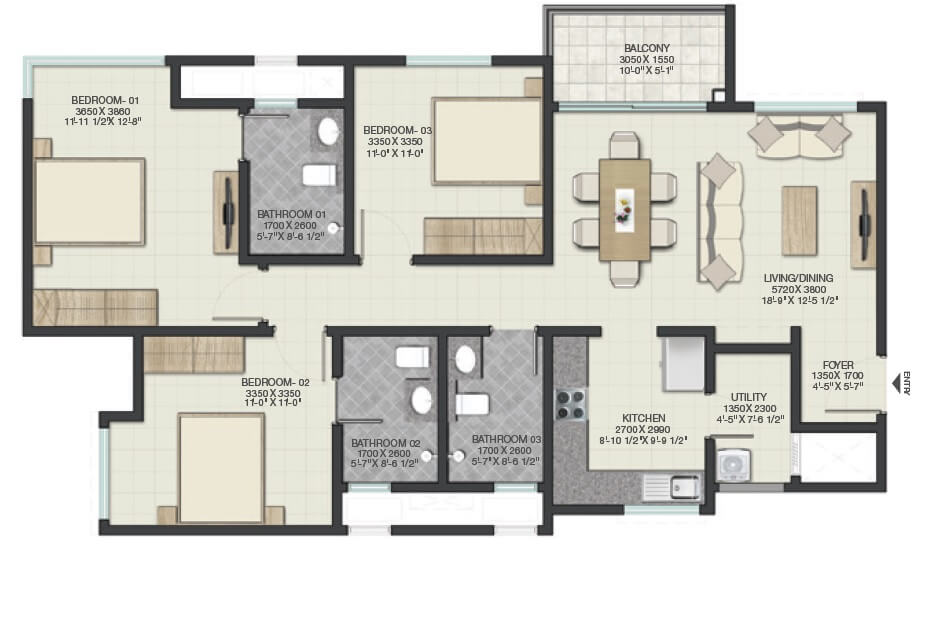 Floor plan of 3 BHK 1629 Sq. Ft. Apartment in Sobha Lake Garden, Bangalore