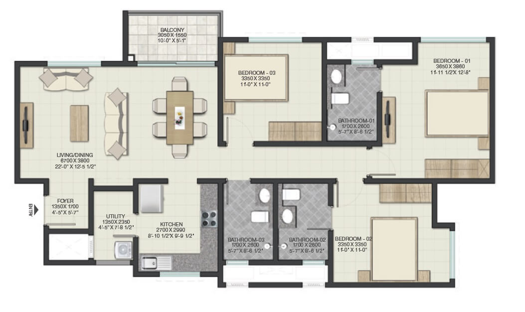 Floor plan of 3 BHK 1682 Sq. Ft. Apartment in Sobha Lake Garden, Bangalore
