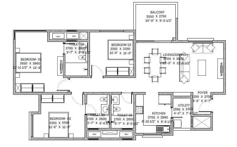 Floor plan of 3 BHK 1739 Sq. Ft. Apartment in Sobha Lake Garden, Bangalore