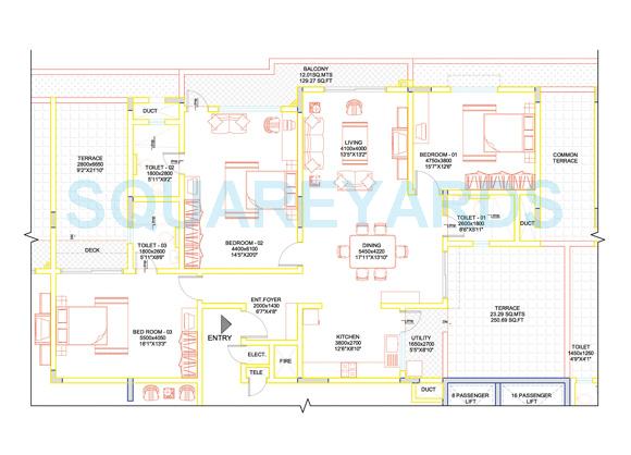 Floor plan of 3 BHK 2425 Sq. Ft. Apartment in Sobha Lavender, Bangalore