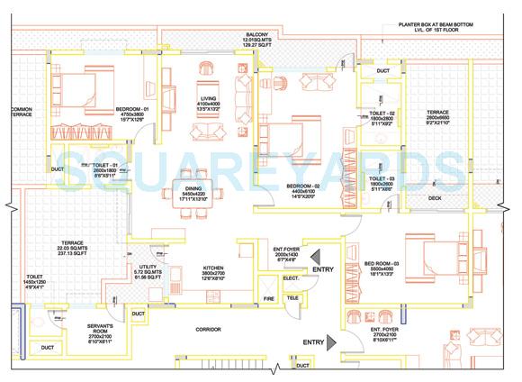 Floor plan of 3 BHK 2573 Sq. Ft. Apartment in Sobha Lavender, Bangalore
