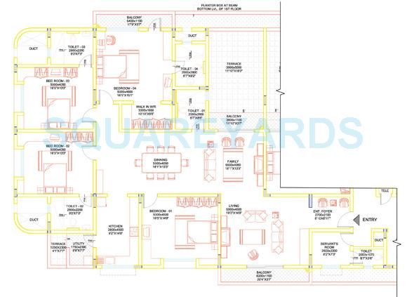 Floor plan of 4 BHK 3471 Sq. Ft. Apartment in Sobha Lavender, Bangalore