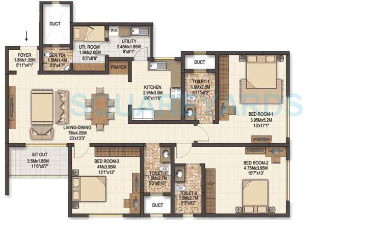 3 BHK 1800 Sq. Ft. Apartment in Sobha Marvella