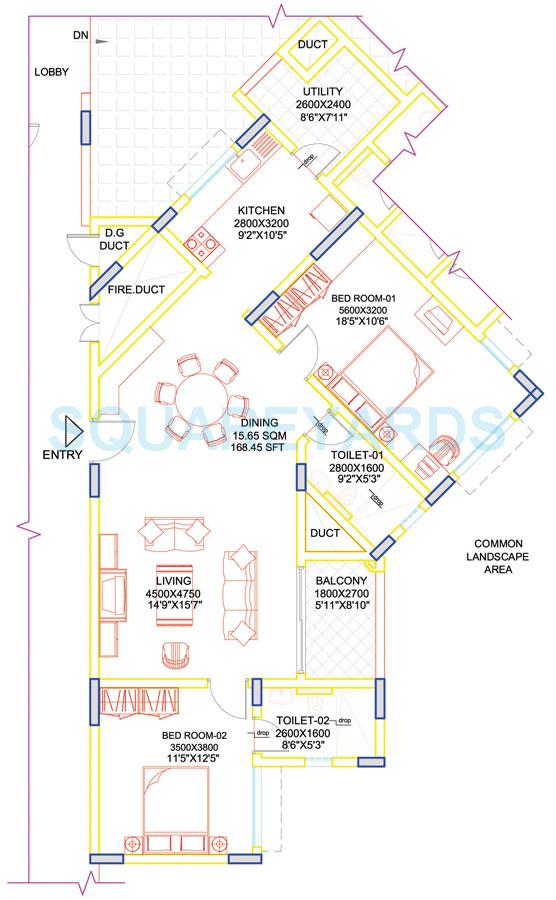 Floor plan of 2 BHK 1455 Sq. Ft. Apartment in Sobha Moonstone, Bangalore