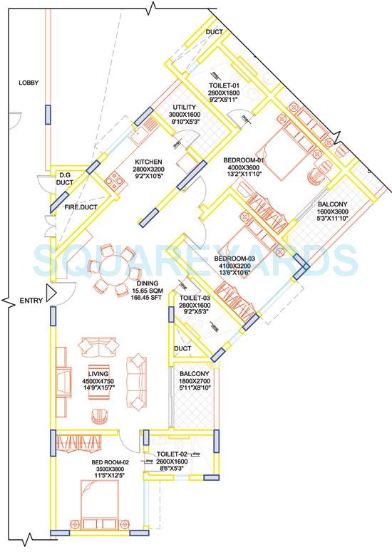 Floor plan of 3 BHK 1804 Sq. Ft. Apartment in Sobha Moonstone, Bangalore