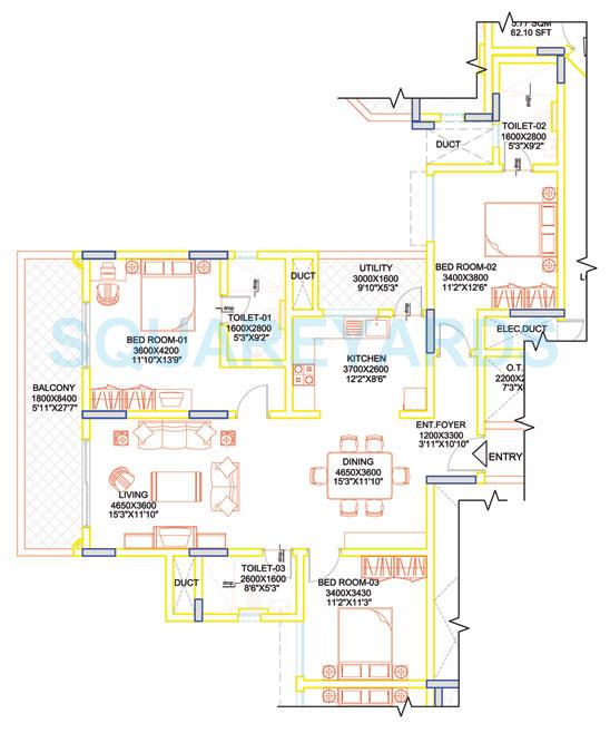 Floor plan of 3 BHK 1855 Sq. Ft. Apartment in Sobha Moonstone, Bangalore