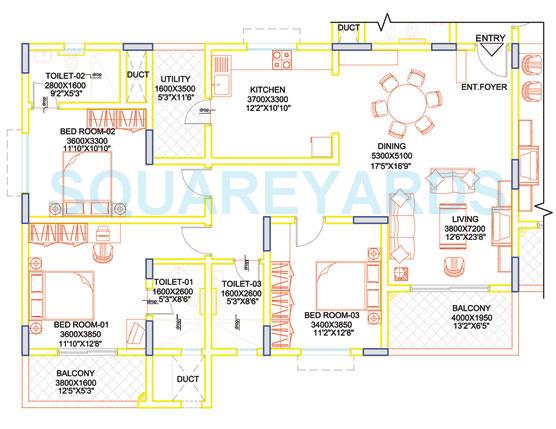 Floor plan of 3 BHK 1950 Sq. Ft. Apartment in Sobha Moonstone, Bangalore