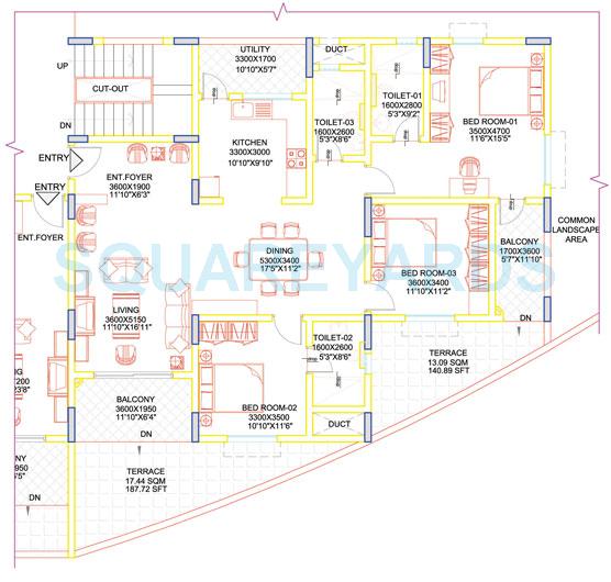 Floor plan of 3 BHK 2097 Sq. Ft. Apartment in Sobha Moonstone, Bangalore