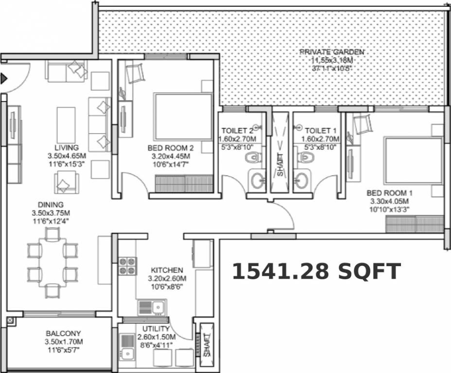 Floor plan of 2 BHK 1541 Sq. Ft. Apartment in Sobha Morzaria Grandeur, Bangalore