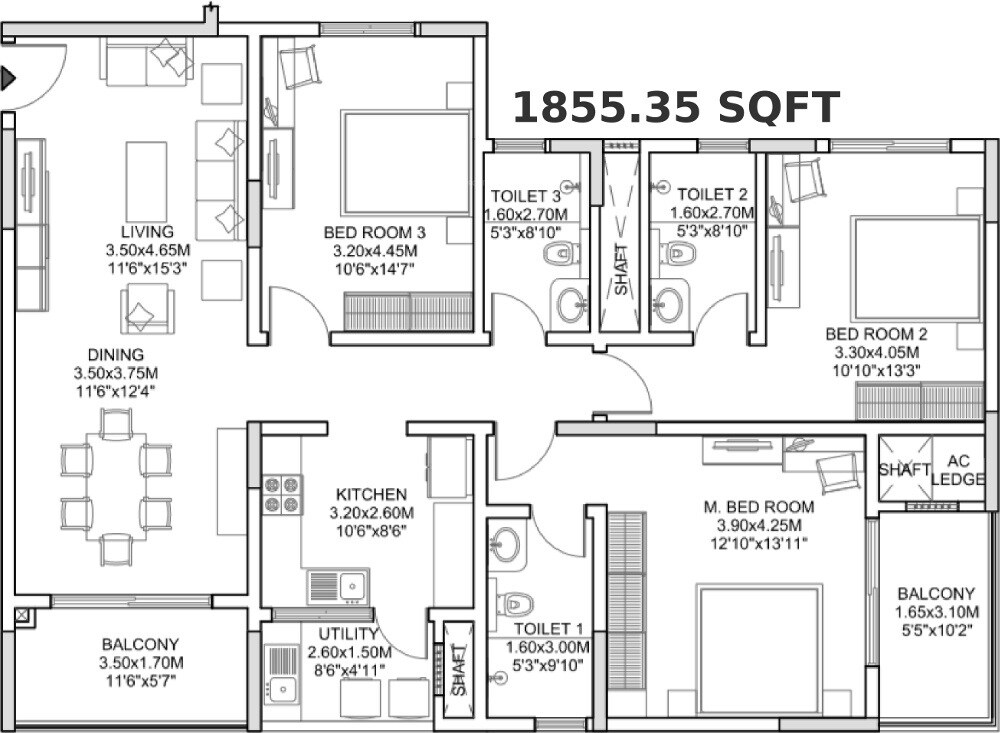 Floor plan of 3 BHK 1855 Sq. Ft. Apartment in Sobha Morzaria Grandeur, Bangalore