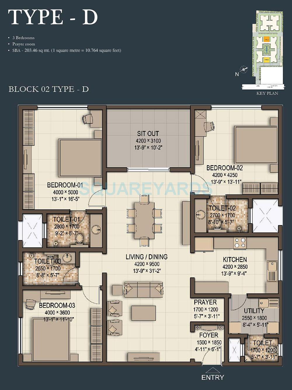 Floor plan of 3 BHK 2190 Sq. Ft. Apartment in Sobha Morzaria Grandeur, Bangalore