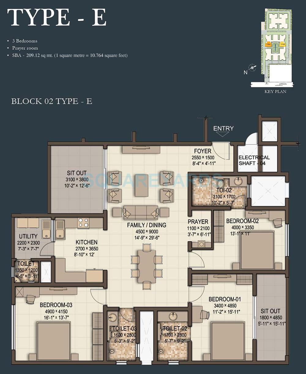 Floor plan of 3 BHK 2251 Sq. Ft. Apartment in Sobha Morzaria Grandeur, Bangalore