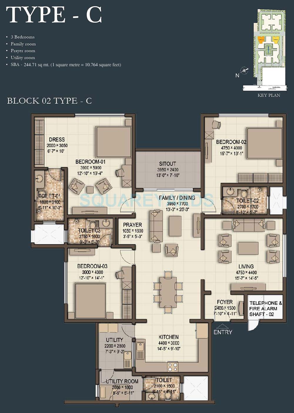 Floor plan of 3 BHK 2634 Sq. Ft. Apartment in Sobha Morzaria Grandeur, Bangalore