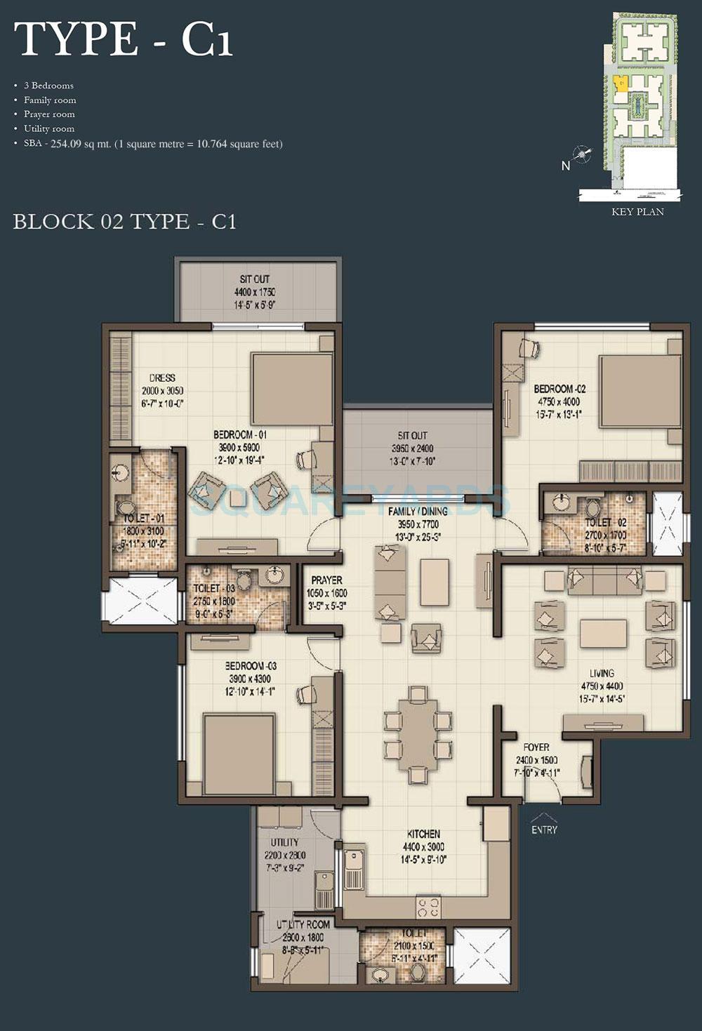 Floor plan of 3 BHK 2735 Sq. Ft. Apartment in Sobha Morzaria Grandeur, Bangalore