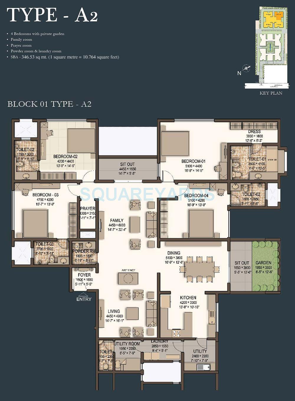 Floor plan of 4 BHK 3730 Sq. Ft. Apartment in Sobha Morzaria Grandeur, Bangalore