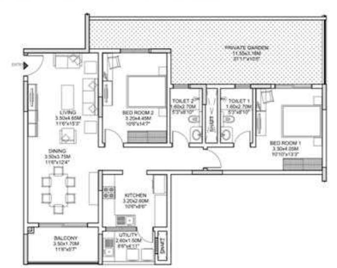 Floor plan of 2 BHK 1541 Sq. Ft. Apartment in Sobha Morzaria Grandeur Phase 2, Bangalore