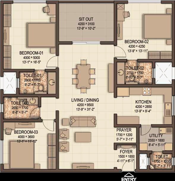 Floor plan of 3 BHK 2190 Sq. Ft. Apartment in Sobha Morzaria Grandeur Phase 2, Bangalore